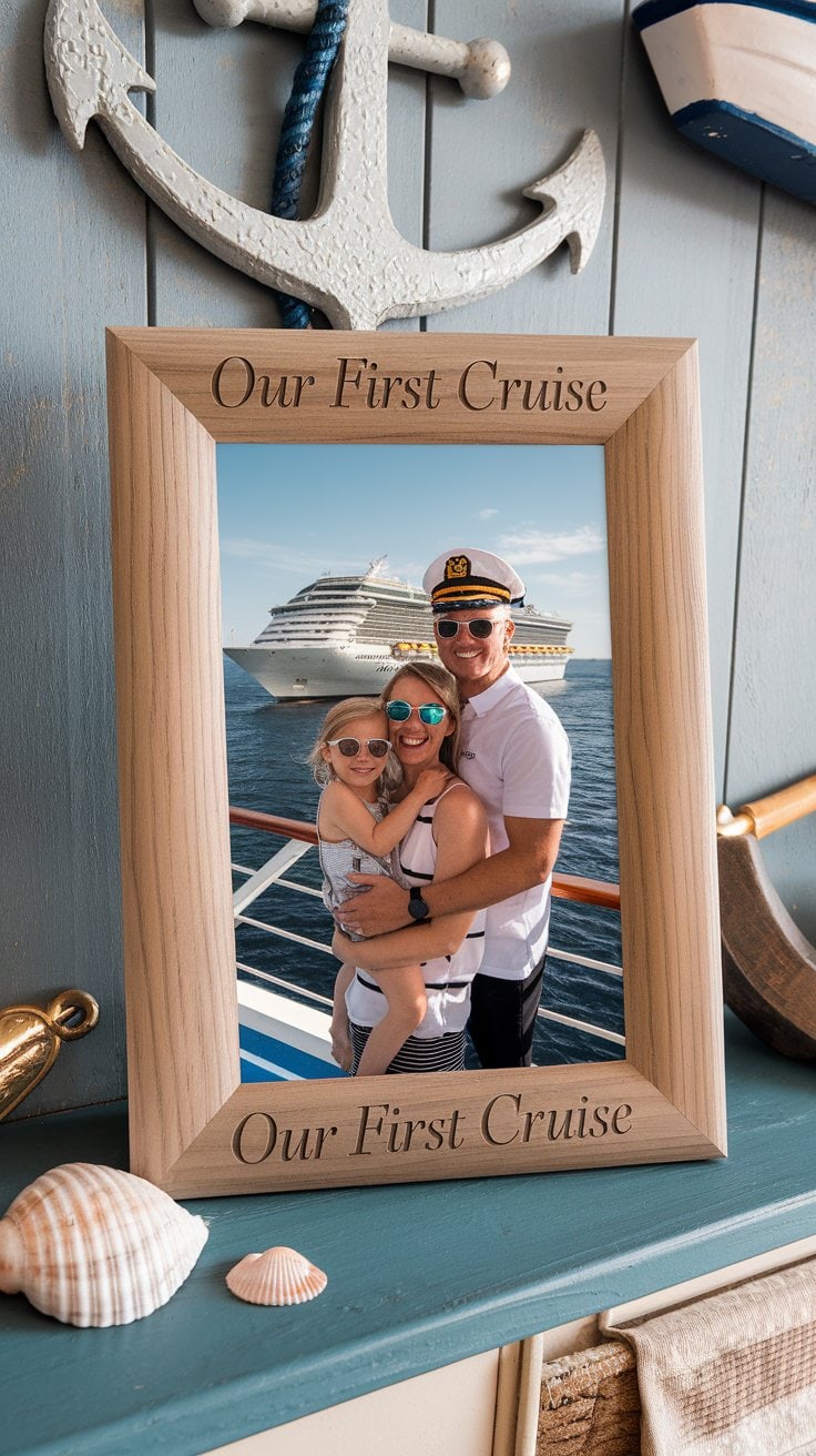 A framed photo displays three people posing on a ship's deck, with a cruise ship in the background. The frame, engraved with "Our First Cruise," is a perfect choice for personalized cruise gifts. Seashells and a decorative anchor add charm to this memorable keepsake.