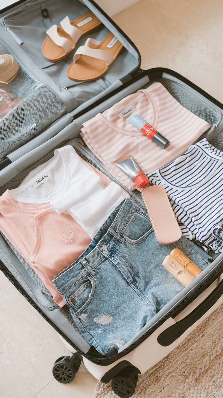 An open suitcase on a floor contains essential items for a Greek cruise: neatly folded clothing, including two striped shirts and blue denim shorts. Toiletries like red lipstick and sunscreen are placed on top. A pair of sandals is visible in the top compartment, completing the packing list.