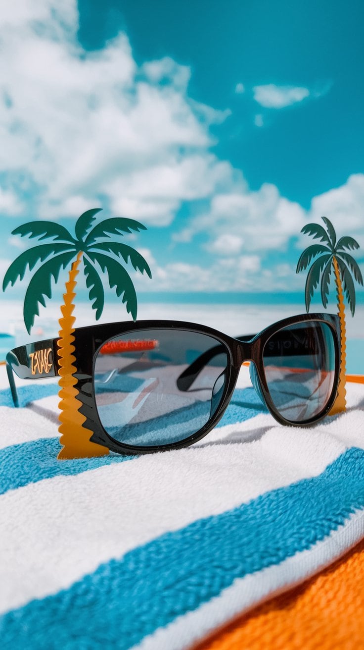 Sunglasses with decorative palm trees on the frames rest on a striped blue and white towel, making for unique cruise gifts. The background shows a blurred view of a clear sky with some clouds.