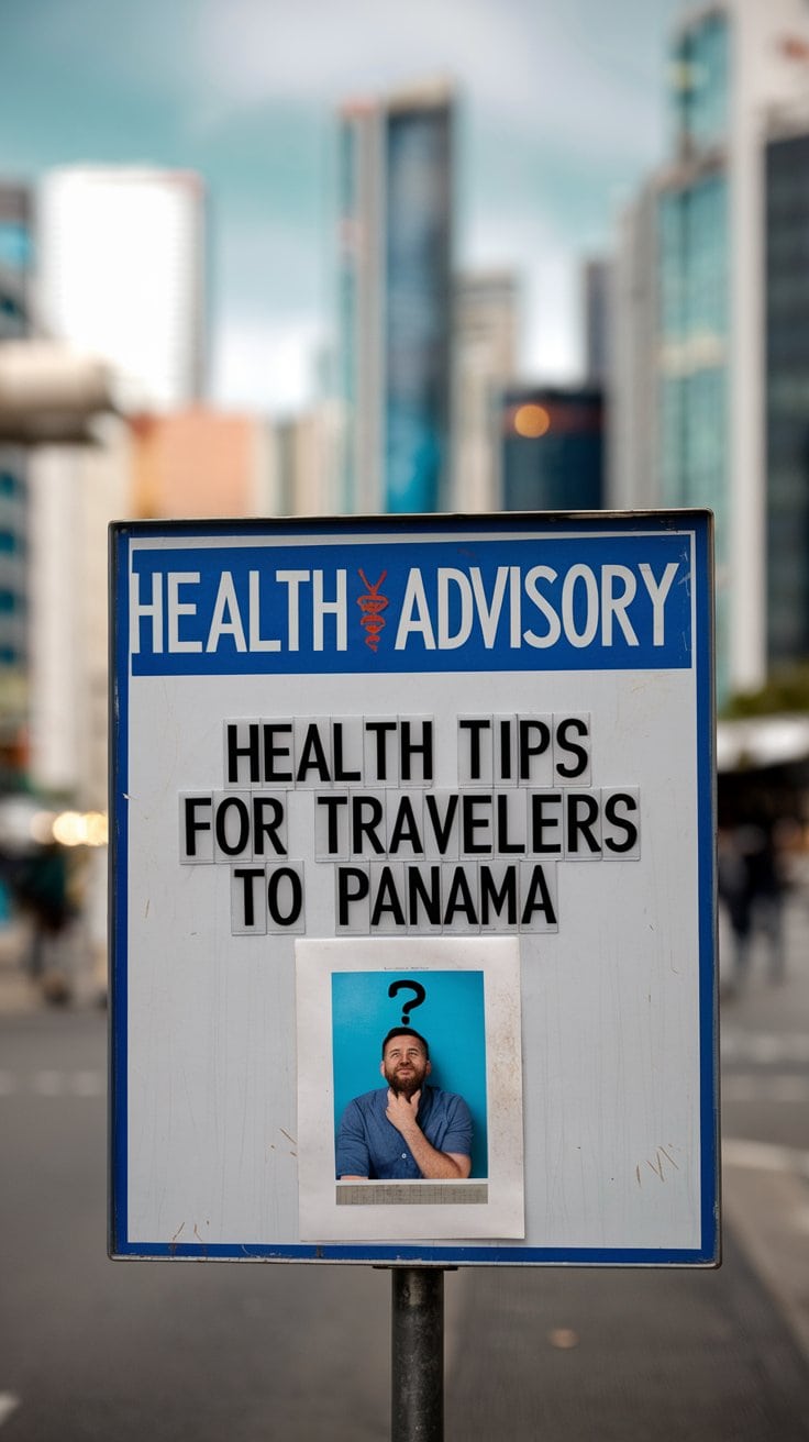 A sign in an urban area reads "Health Advisory: Health Tips for Travelers on a Panama Canal Cruise." Below, an image shows a person with a question mark above their head. In the blurred background, tall buildings and a few pedestrians complete the bustling city scene.