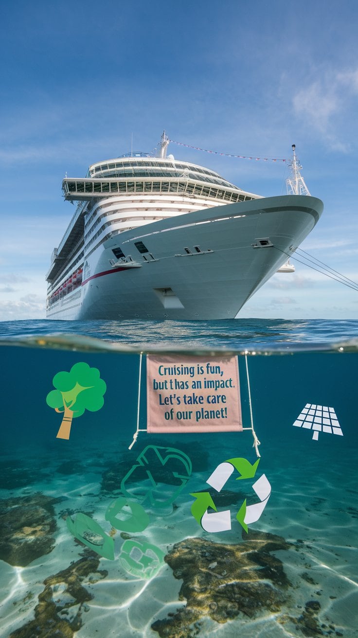 A large cruise ship sails above the water. Below the surface, a sign reads "Cruising is fun, but it has an impact. Let's take care of our planet!" with icons of a tree, recycle symbol, and solar panel—a gentle reminder for every Panama Canal cruise traveler to follow essential eco-friendly tips. Coral and clear water shimmer below.