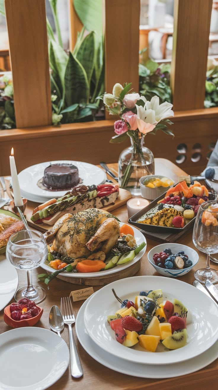 The dining table resembles a serene setting reminiscent of a smooth cruise, adorned with various dishes like a whole roasted chicken, a fruit platter, chocolate cake, and veggies. Glasses and candles glint alongside flower arrangements nestled amidst greenery.