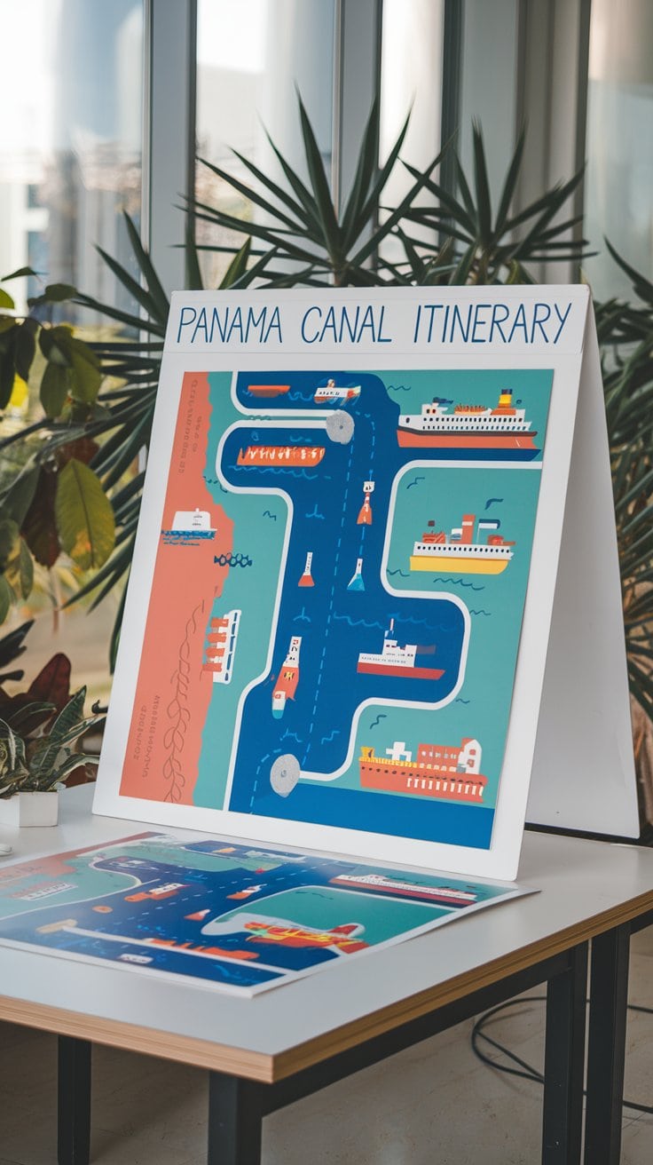 A colorful infographic titled "Panama Canal Cruise Itinerary" is displayed on an easel, showcasing a schematic of the canal route with ships and landmarks. Plants are in the background, and another copy of the infographic rests on the table, offering essential tips for a smooth cruise experience.