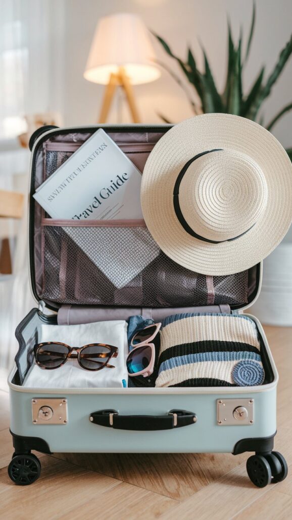 An open suitcase on a wooden floor lies ready for a smooth cruise, holding sunglasses, a striped sweater, a white shirt, and an essential travel guide. A straw hat rests on the edge of the suitcase. In the blurred background stand a plant and lamp.