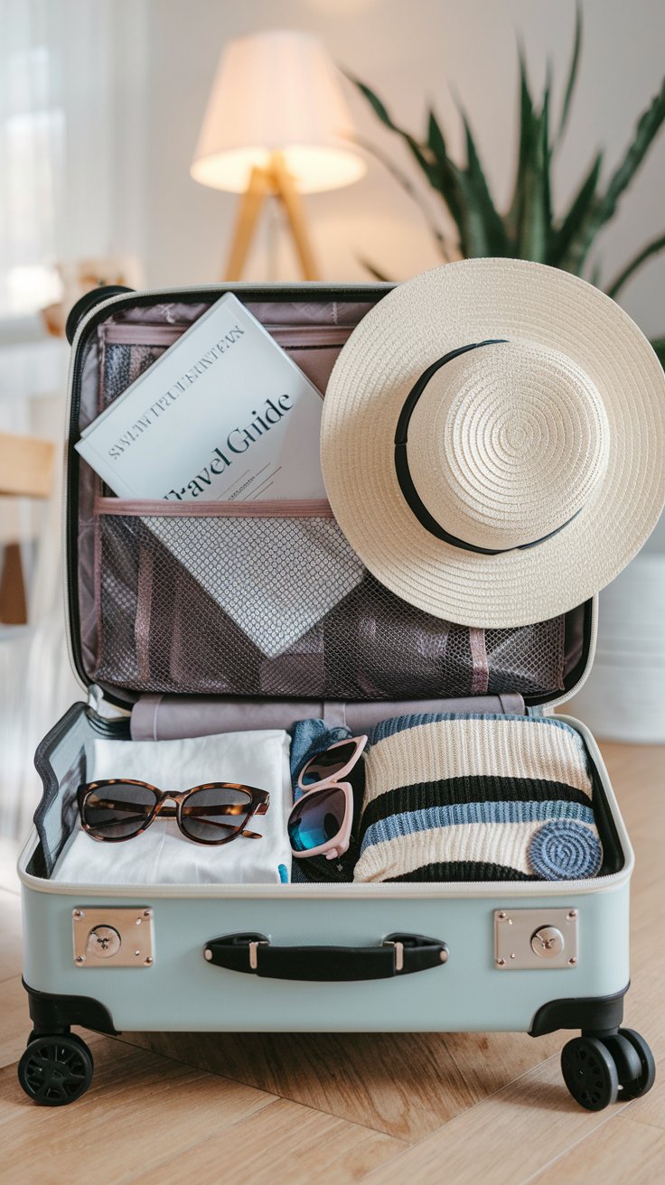An open suitcase on a wooden floor lies ready for a smooth cruise, holding sunglasses, a striped sweater, a white shirt, and an essential travel guide. A straw hat rests on the edge of the suitcase. In the blurred background stand a plant and lamp.