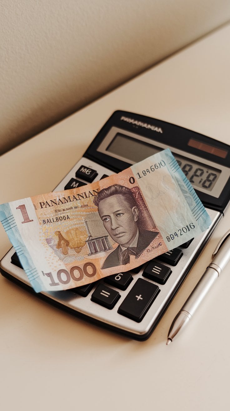 A 1000 Panamanian balboa banknote rests atop a black calculator, with a silver pen beside them on a beige surface. The banknote displays the image of a historical figure and building—a nod to Panama's rich history, much like the iconic Panama Canal Cruise experience.