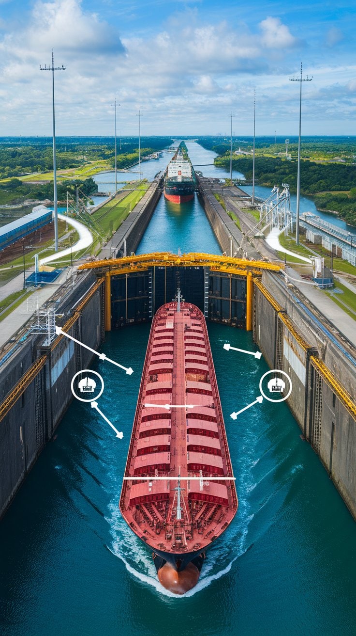Aerial view of a large cargo ship passing through the Panama Canal lock, flanked by two smaller vessels for navigation. This iconic transit route, popular for cruise adventures, is surrounded by lush greenery and infrastructure, with another ship visible in the background.