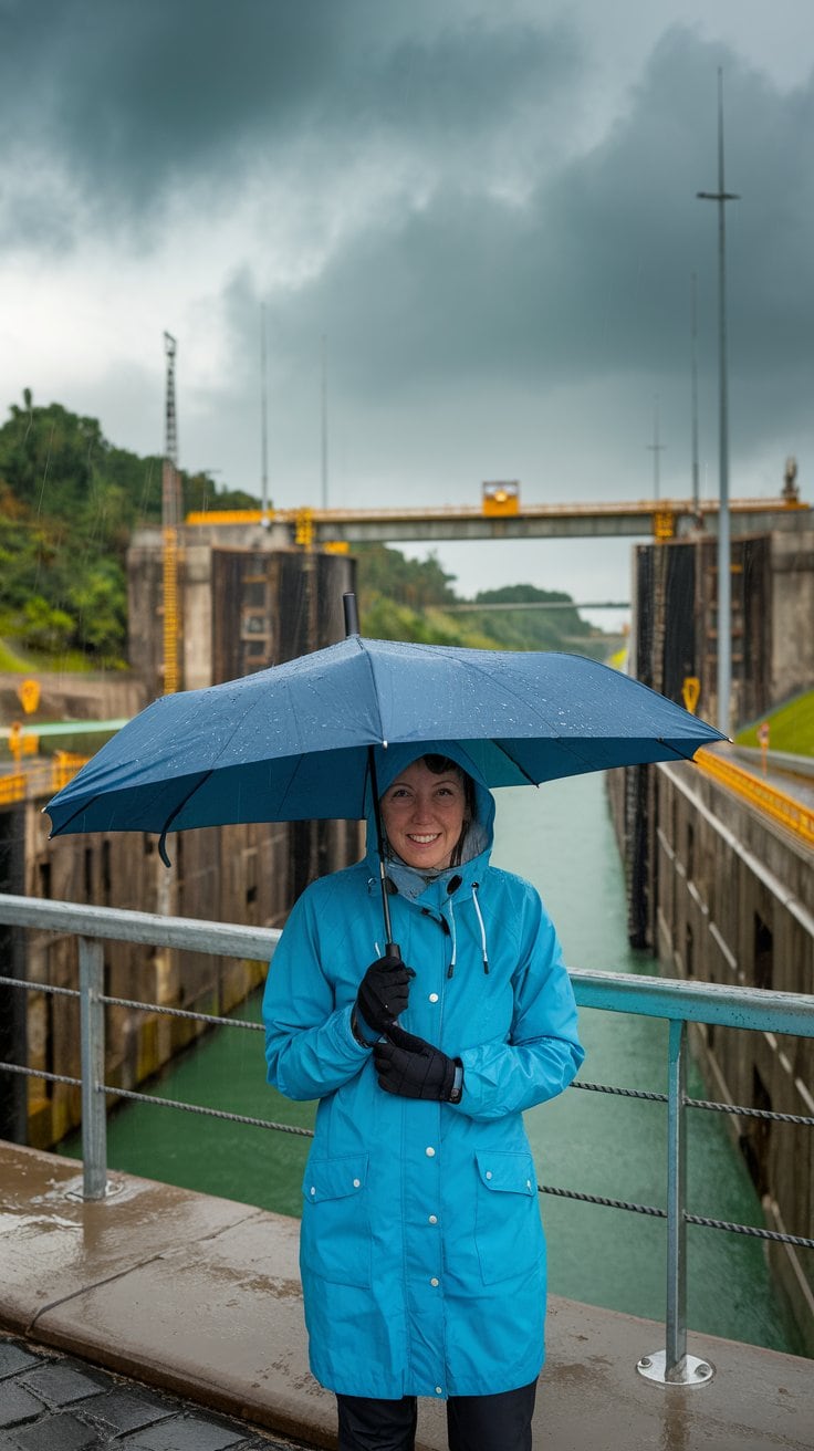 A person in a blue raincoat and gloves holds a blue umbrella, standing by the lock under an overcast sky. The wet ground hints at recent rain, while the imposing lock gates behind create a scene reminiscent of embarking on a smooth Panama Canal Cruise.