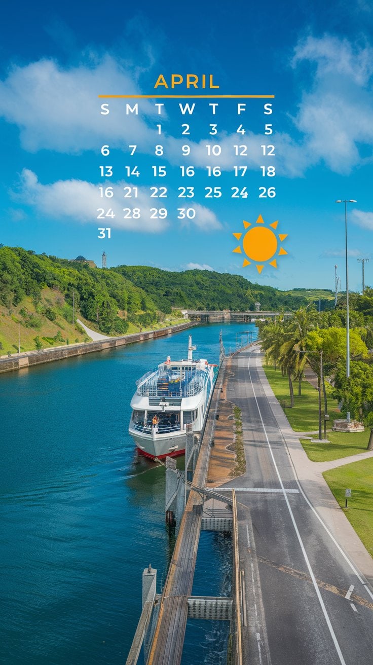 A cruise ship glides through the Panama Canal, flanked by greenery. A roadway with palm trees runs parallel. Above is an April calendar showing sunny weather icons, perfect for a canal voyage. Don't forget essential tips for enjoying this partly cloudy, picturesque journey.