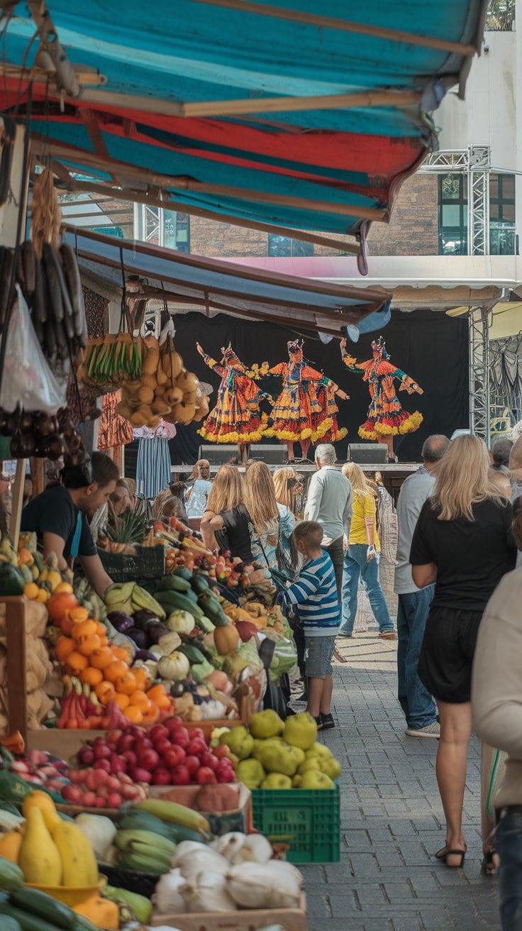 A bustling market scene with a variety of fruits and vegetables in the foreground catches your eye. Shoppers meander as three performers in colorful costumes dance under a canopy. It's like discovering essential tips for enjoying vibrant cultural experiences on your Panama Canal Cruise.