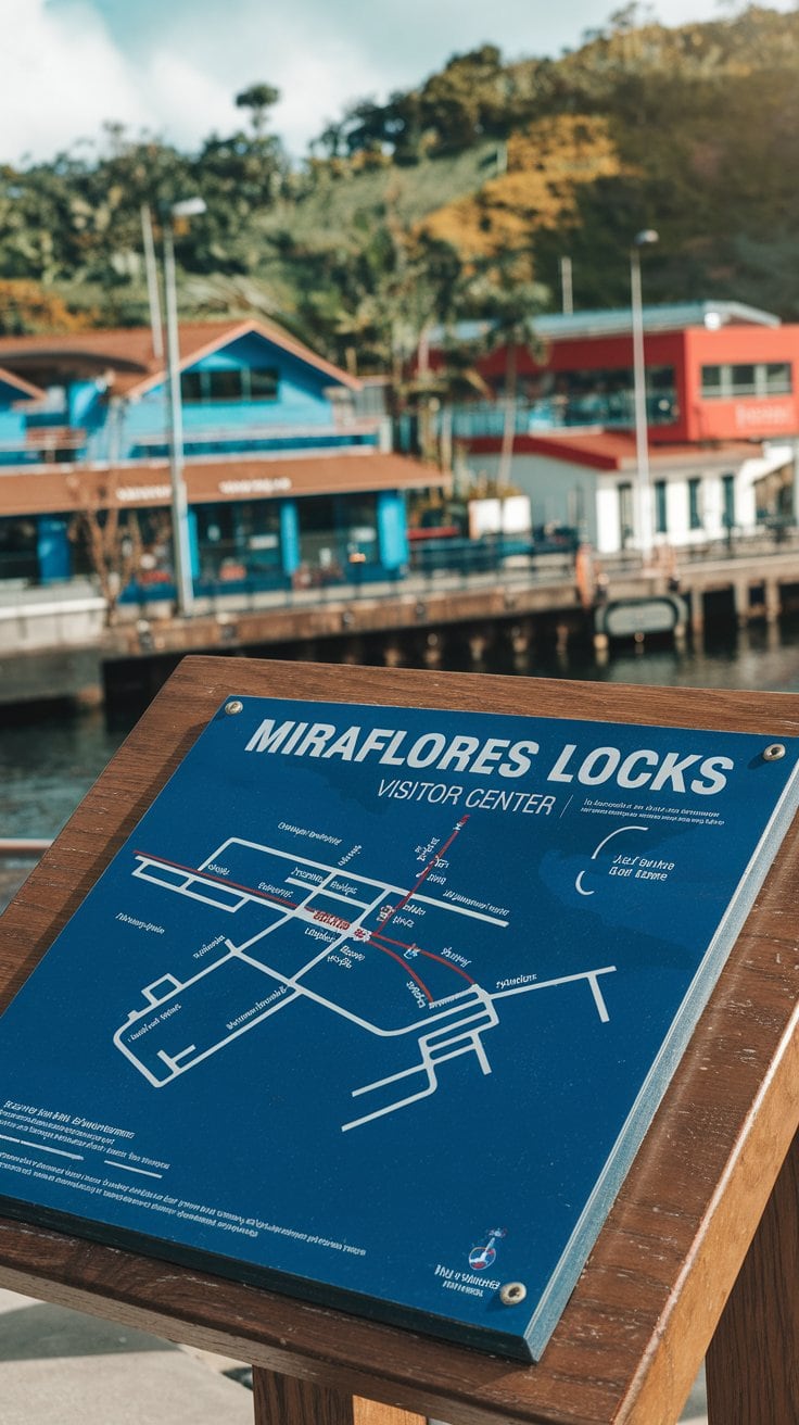 A sign at the Miraflores Locks Visitor Center displays a map of the area with labels, offering essential tips for your Panama Canal cruise. In the background, colorful buildings and lush greenery stand under a clear, sunny sky.