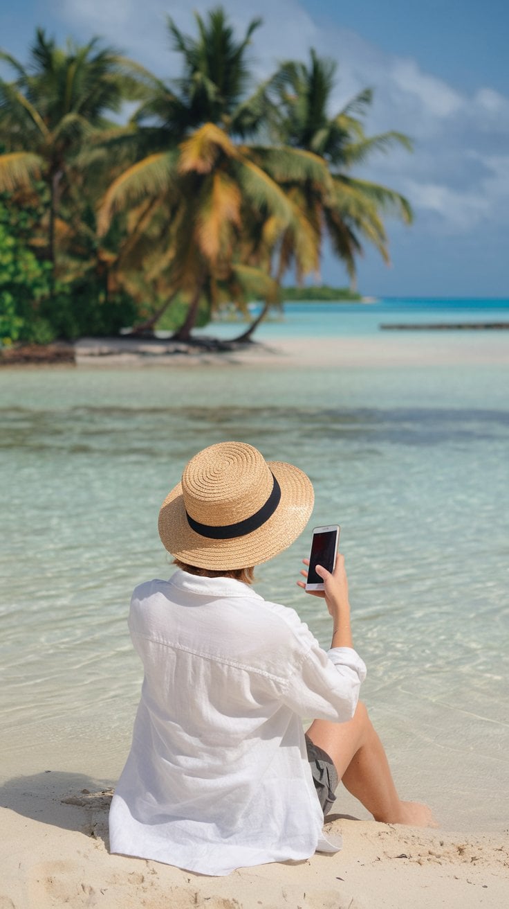 A person wearing a straw hat and white shirt sits on a sandy beach, holding a smartphone. Palm trees and turquoise water shimmer in the background under a partly cloudy sky, offering essential tips for planning your smooth cruise through paradise.