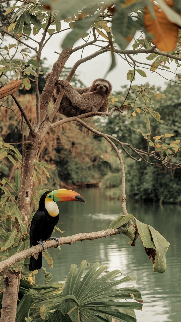 A sloth hangs lazily from a branch, while a toucan with its colorful beak perches below. This serene scene unfolds in a lush, tropical paradise near crystal waters, reminiscent of the vibrant landscapes often seen on a smooth Panama Canal cruise.