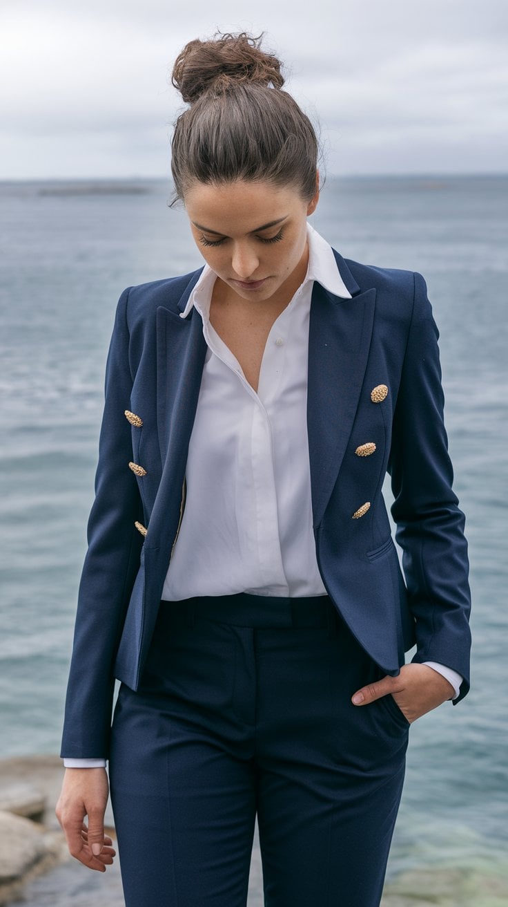 A woman stands near a body of water, exuding elegance in a chic navy suit with gold buttons and a white shirt. Her hair is tied up in a bun as she gazes downward, one hand in her pocket. The sky is overcast, setting the perfect backdrop for an adventure or perhaps dreaming of a Japan cruise.