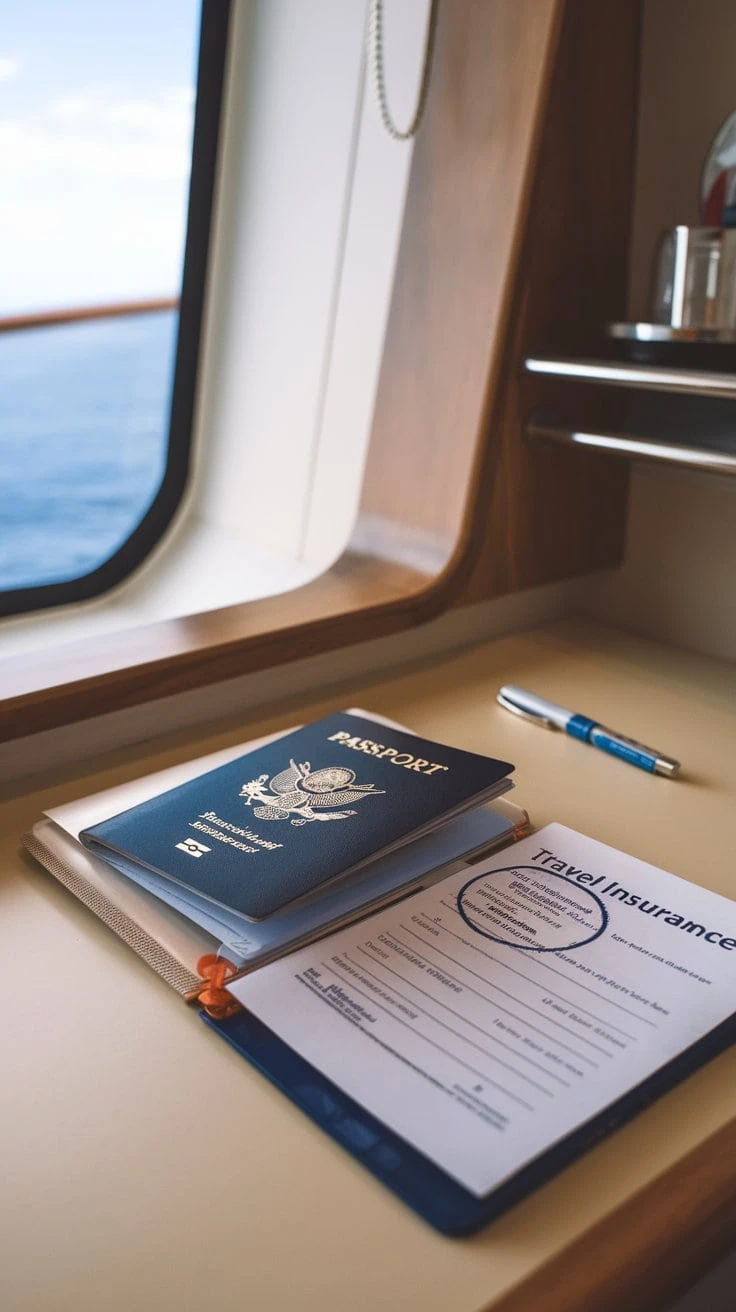 A passport and a travel insurance document, essential items for any cruise adventure, rest on a desk by the window. A pen is placed nearby, ready for notes or postcards. The view through the window reveals a clear sky and endless ocean, promising an unforgettable journey ahead.