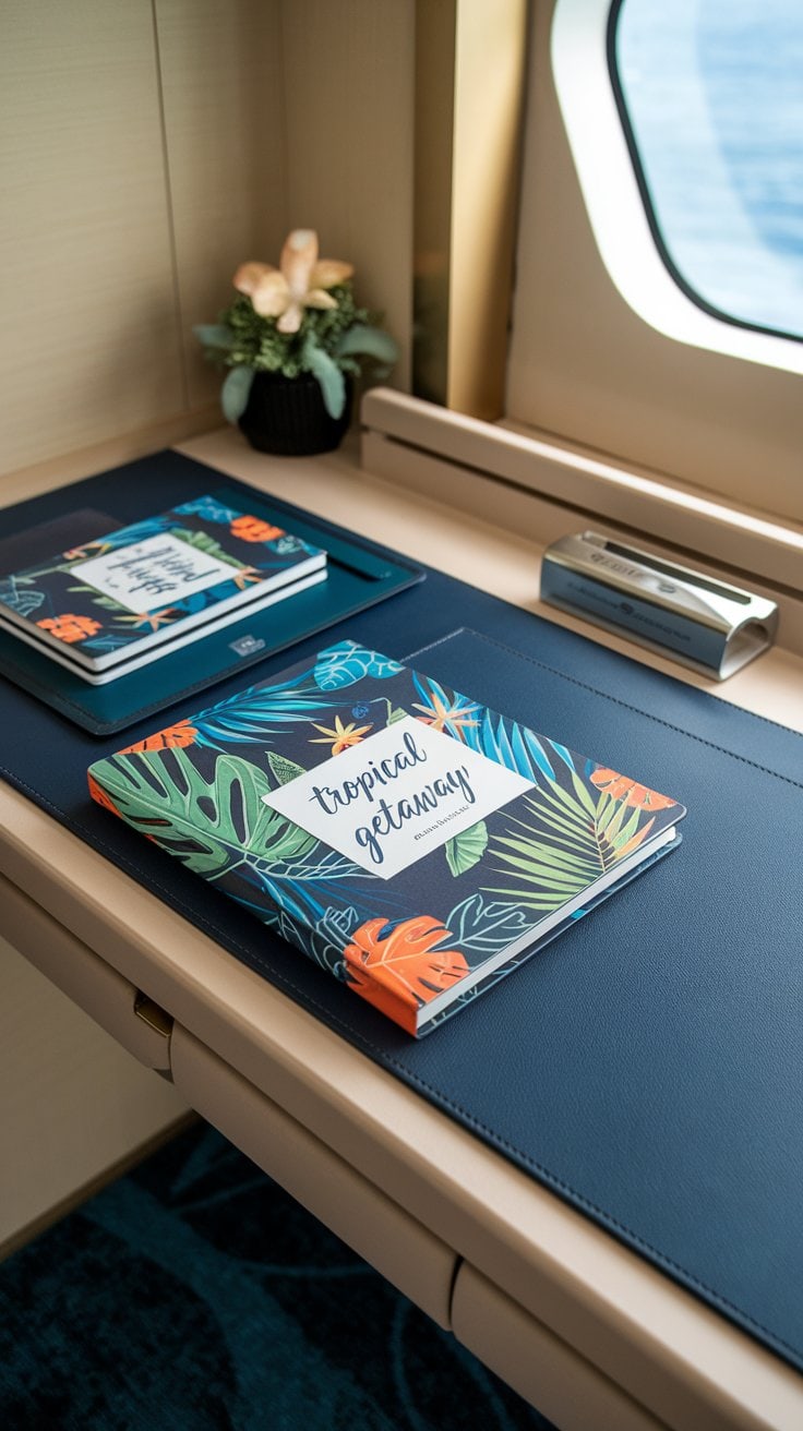 A desk with a blue mat has two notebooks stacked on the left, one titled "Tropical Getaway" with a botanical design. Perfect thoughtful gifts, they sit beside a small plant. Through the window, serene water views reflect peaceful moments. A metallic pen holder completes this inviting workspace.