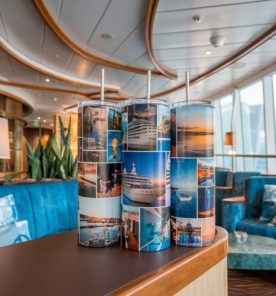 Three cylindrical tumblers with straws are on a table in a stylish room. These cruise tumblers are wrapped with various travel photos, including ships and ocean scenes. The setting features modern furniture, plants, and large windows in the background, perfect for inspiring tumbler ideas.