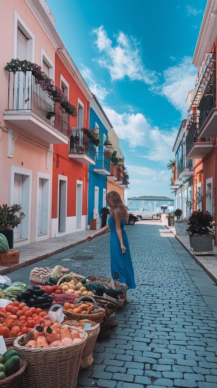 A person in a blue dress stands on a cobblestone street, browsing a colorful outdoor fruit and vegetable market. As vibrant buildings with balconies line the way, and the sea glimmers at the street's end under a blue sky, they dream of destinations for planning a cruise.