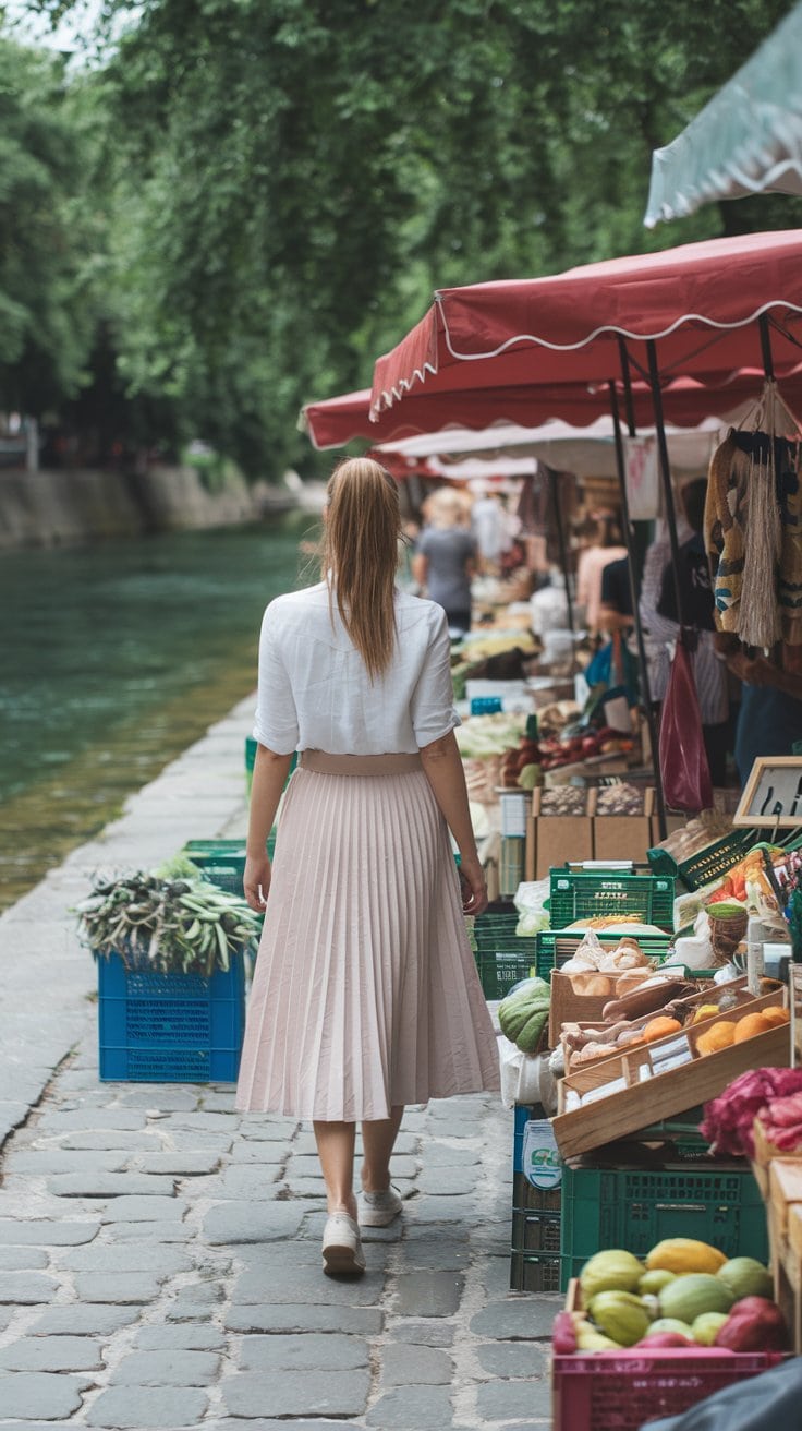 A woman with long hair walks down a cobblestone path beside a canal, past market stalls with red canopies. The stalls have various fruits and vegetables on display. She is in a stylish white top and light pink pleated skirt, epitomizing chic flair. Trees line the background of this scenic stroll.