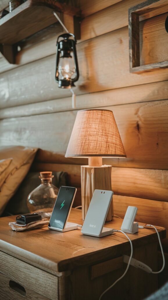 A cozy wooden bedside table in a rustic cabin-like room holds a small lamp, two smartphones on wireless chargers, and a wireless earbud case. A lantern-style light hangs on the wall, evoking the charm of a cruise cabin. Perfect gift ideas for those who appreciate thoughtful details.