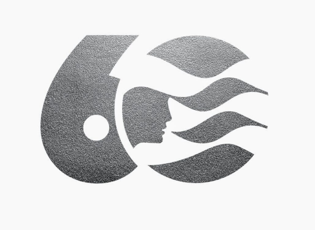 A stylized metallic logo celebrating 60 Years, featuring the number 60 and the silhouette of a woman's face with flowing hair, set against a white background.
