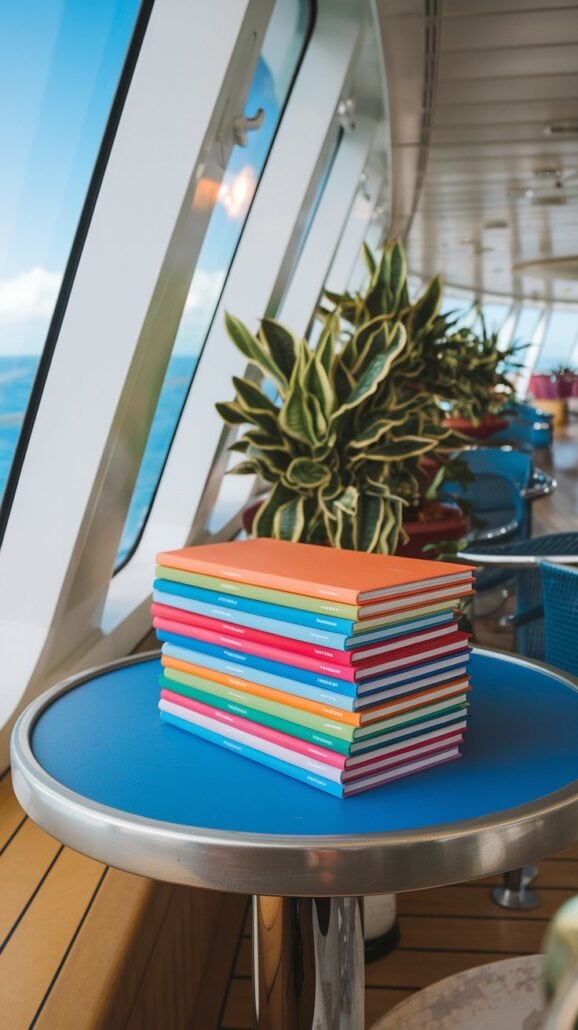 A stack of colorful notebooks rests on a round blue table on the boat's deck, offering thoughtful gifts to cruise cabin stewards. Large windows provide an ocean view, while potted plants with green and yellow leaves line the wall. Blue chairs are neatly arranged along the deck.