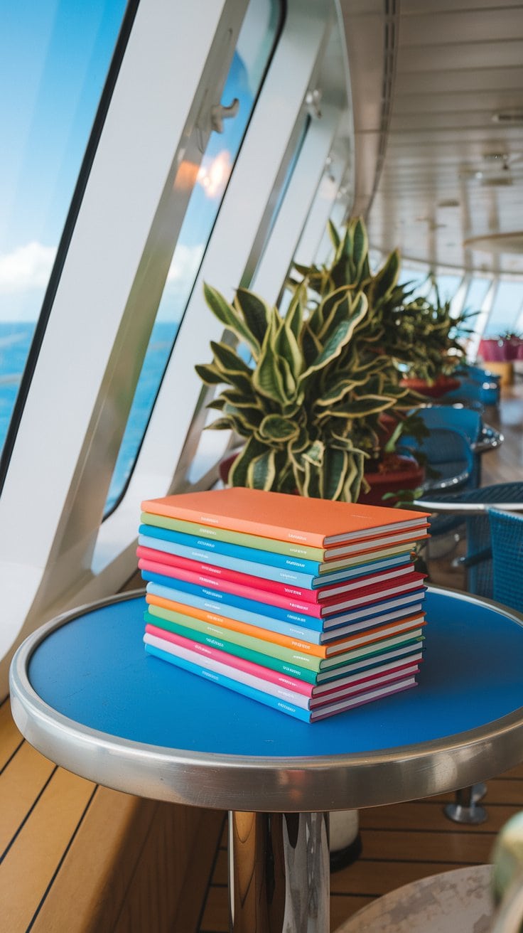 A stack of colorful notebooks rests on a round blue table on the boat's deck, offering thoughtful gifts to cruise cabin stewards. Large windows provide an ocean view, while potted plants with green and yellow leaves line the wall. Blue chairs are neatly arranged along the deck.