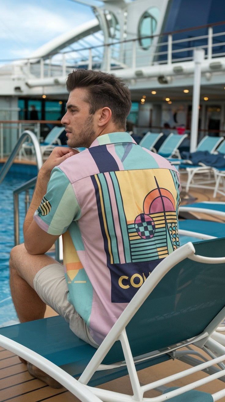 A man in a creative cruise shirt relaxes on a lounge chair by the pool. Positioned on the ship's deck, he is surrounded by an array of vibrant cruise shirt designs and more lounge chairs, with the inviting ocean breeze and warm sunshine completing this idyllic scene.