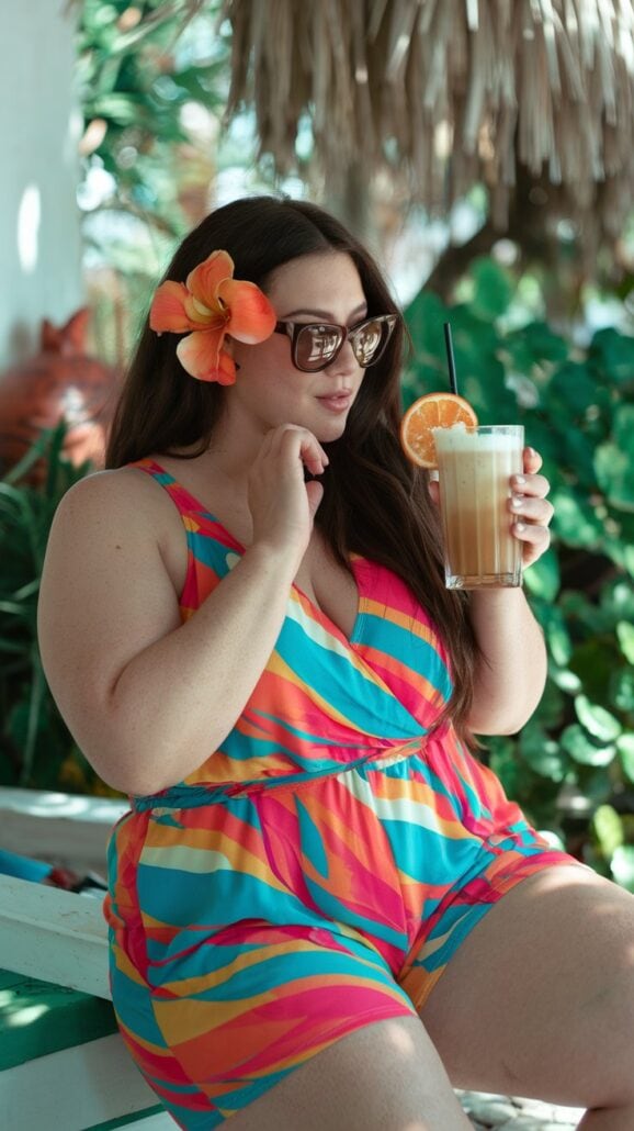 A woman with long brown hair, wearing must-have sunglasses and a colorful striped outfit, sits outdoors. A large orange flower adorns her hair as she holds a tall glass with an orange slice on its rim. Perfect for a Caribbean getaway, lush greenery flourishes in the background.