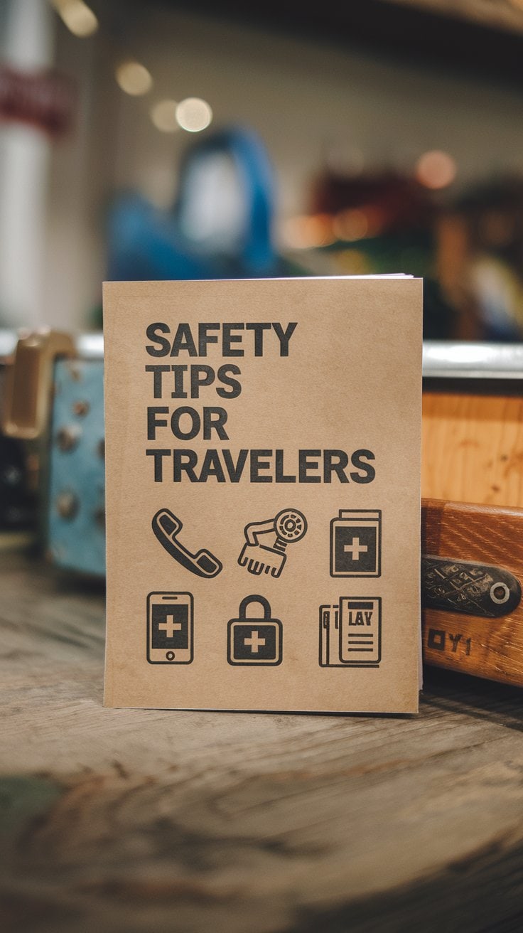 Brown booklet titled "Safety Tips for Travelers" featuring icons of a telephone, passport, mobile phone, lock, first aid kit, and lavatory sign. Perfect for ensuring a smooth cruise near the Panama Canal. It is placed on a wooden surface with blurred background elements.