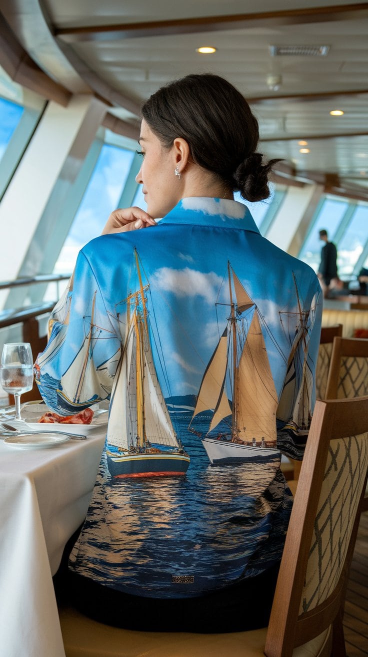 A woman sits at a table on a boat, her back to the camera. She wears an imaginative cruise wear shirt adorned with sailboat prints. A glass of wine and a plate of food sit before her, while a large window offers an inspiring view of the sea and sky.