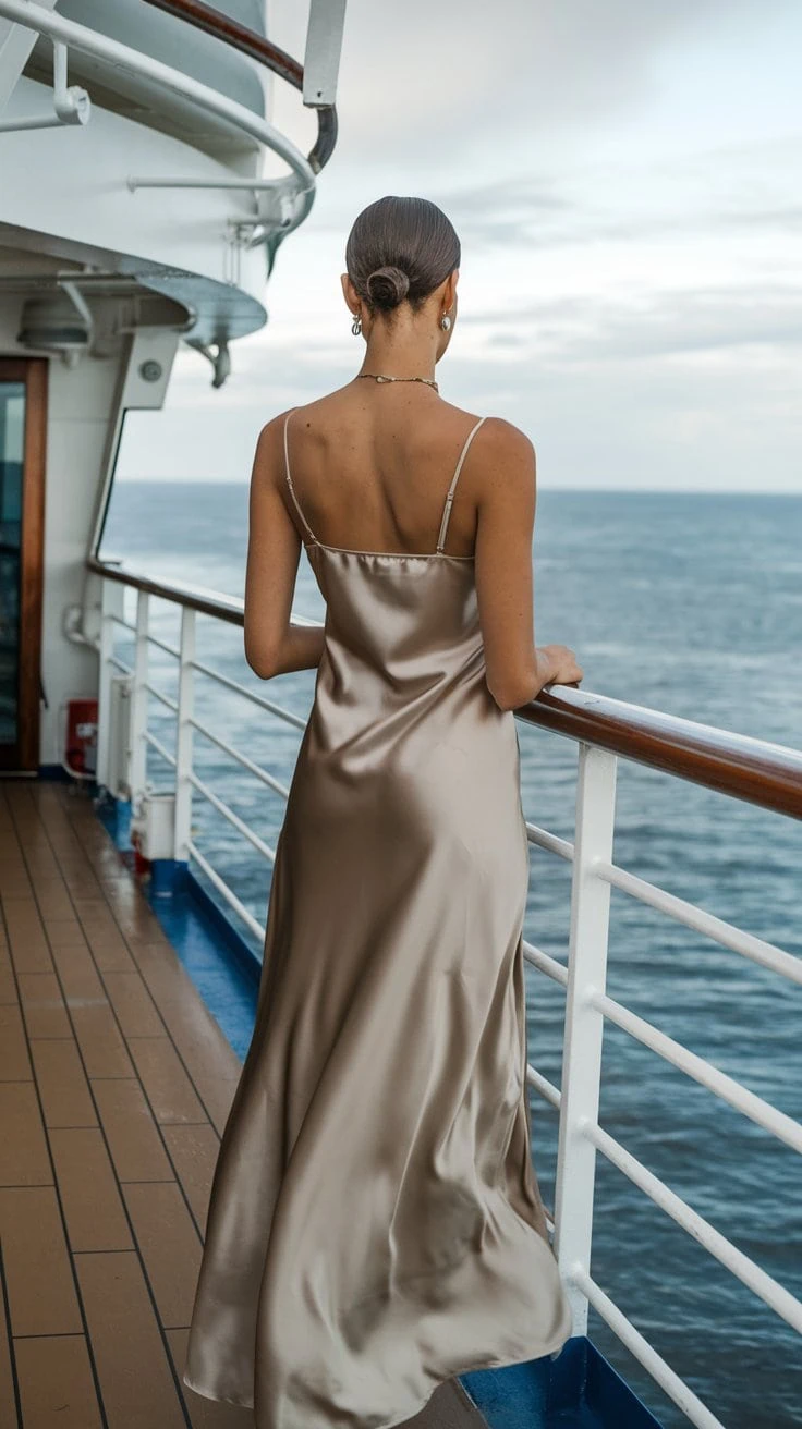 A woman in a satin dress stands on the cruise ship deck, embodying the grace of formal cruise outfits as she gazes at the calm sea. Her hair is tied in a bun, and she leans on the railing under a partly cloudy sky, truly dazzling onboard.