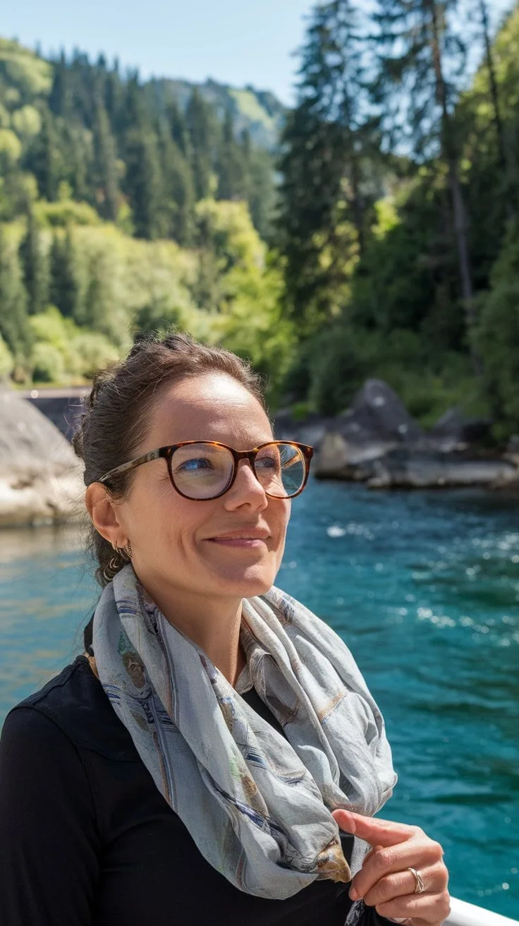 A woman over 40 with glasses and a scarf stands by a clear blue lake against a forested hillside. She wears a stylish black top, looking content under the sunny, green scene complete with tall trees and rocks near the water.