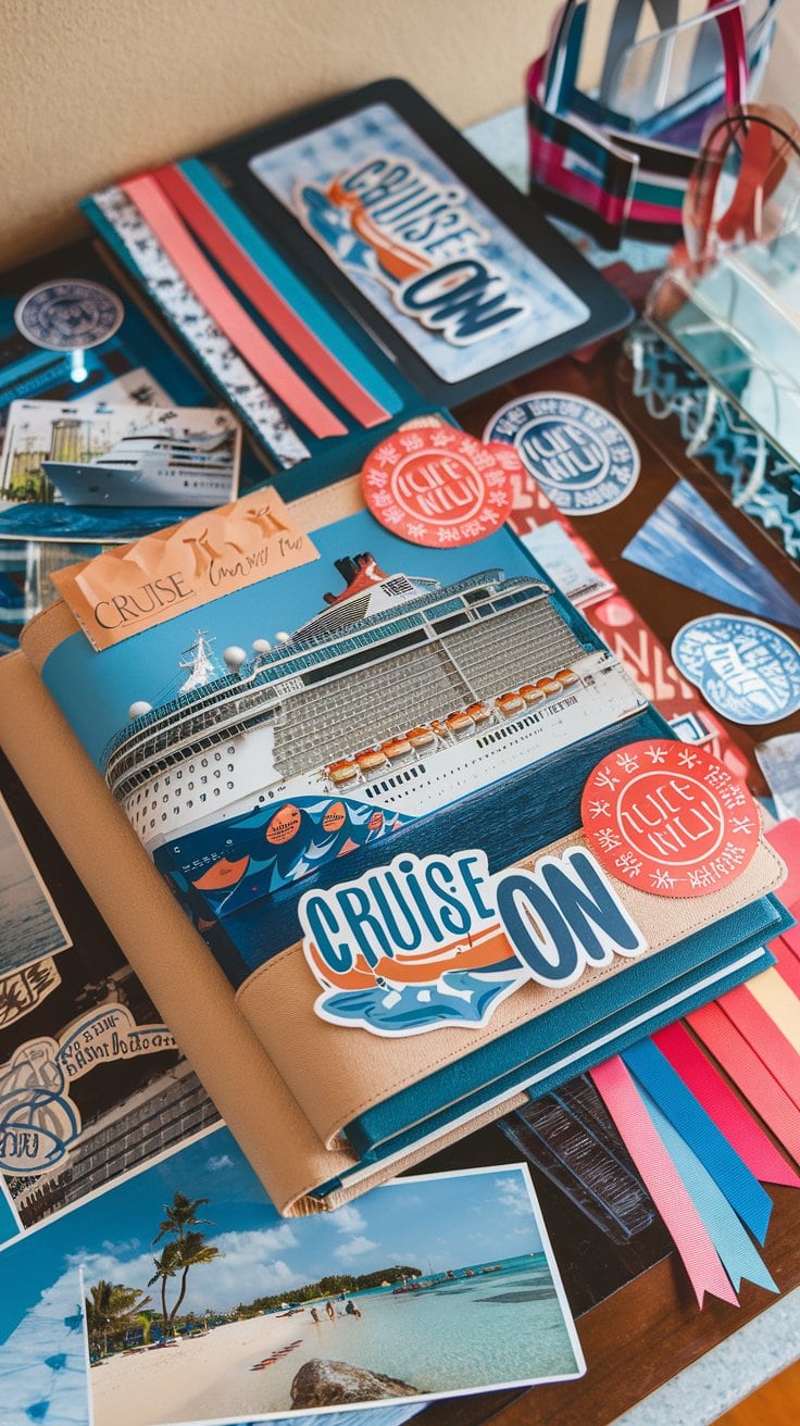 A collection of cruise-themed scrapbook items lies on a table. The centerpiece is a scrapbook with an image of a cruise ship and the words "CRUISE ON," perfect for group cruise gift ideas. Surrounding it are various stickers, postcards, and decorative paper strips.