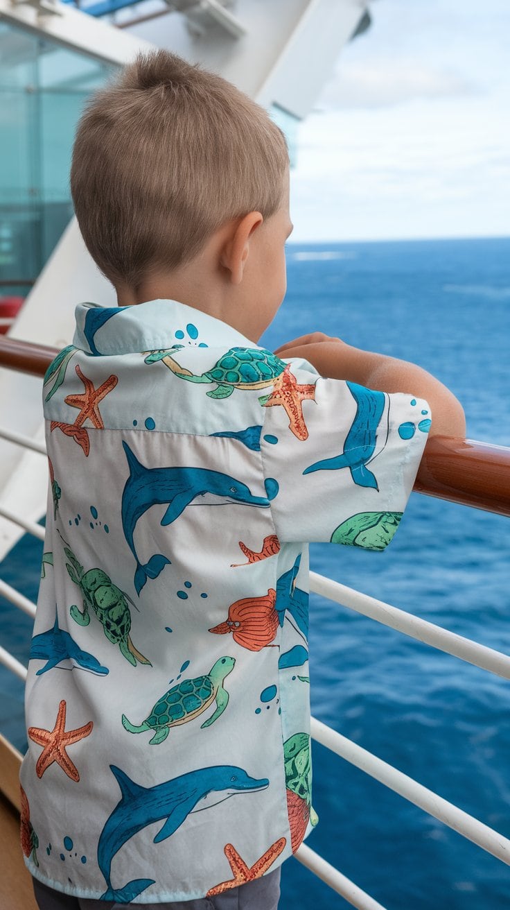 A child stands on a ship's deck, facing the ocean, wearing a vibrant cruise shirt adorned with creative designs of dolphins, turtles, and starfish. The scene is filled with imagination against the backdrop of endless blue sea and sky.