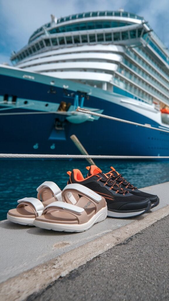 Two pairs of shoes rest on a concrete surface near a dock. One pair is white sandals, and the other is black sneakers with orange accents, perfect choices for any woman's guide to a Canada cruise. A large cruise ship looms in the background under the blue sky.
