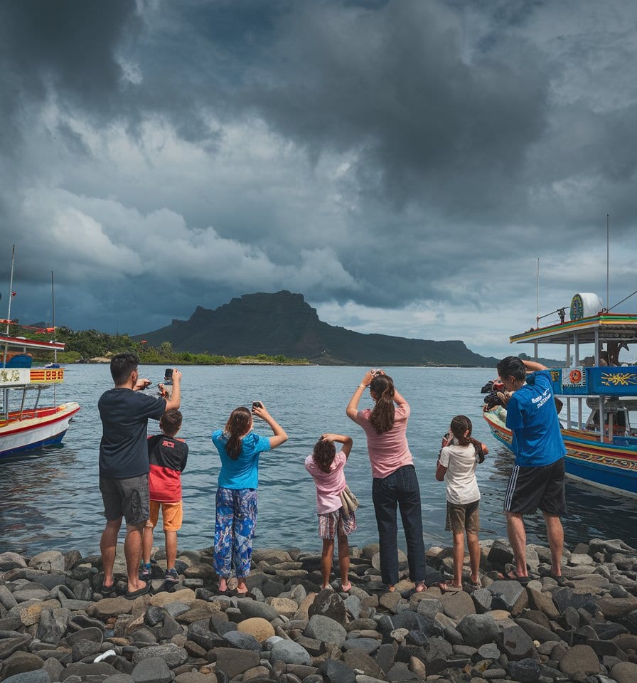 A family on a fun adventure stands on the rocky shore, capturing photo ideas with a majestic mountain backdrop across the water. Nearby, two colorful boats rock gently under the cloudy sky.