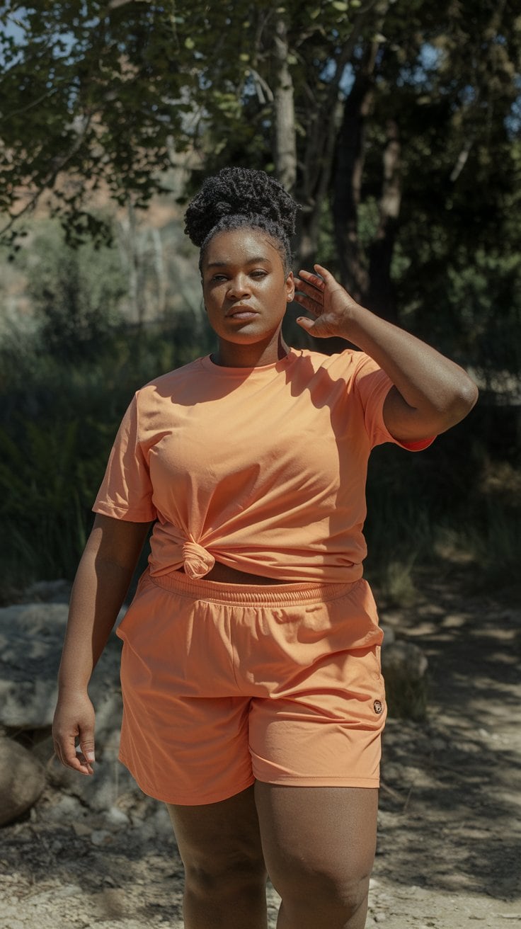 A person stands outdoors in sunlight, showcasing their stylish outfit of an orange T-shirt and shorts. They have their hair styled up and are touching their head with one hand, embracing a relaxed vibe. Trees and greenery provide a lush backdrop, reminiscent of a tropical Bahamas cruise.
