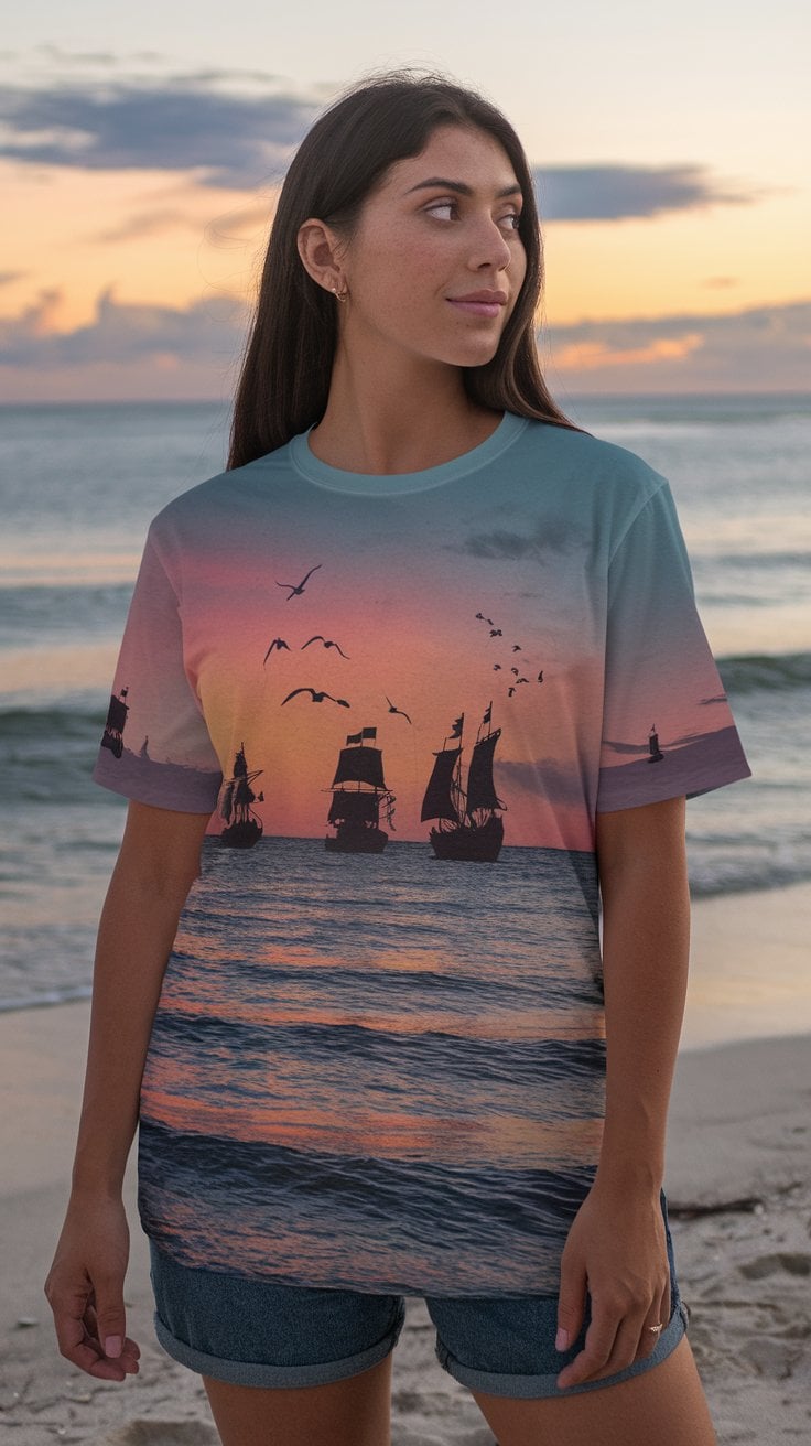 A person stands on a beach at sunset, wearing a T-shirt showcasing an imaginative design of sailing ships and birds against a sunset backdrop. The ocean waves are gently visible in the background under a cloudy sky, capturing the essence of creative cruise shirt designs.