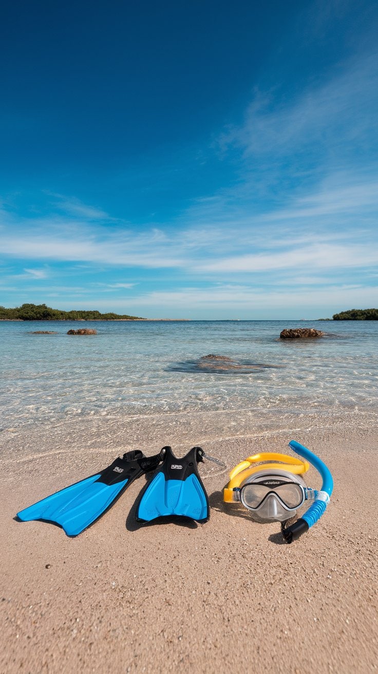 Snorkeling gear, including essential items like blue fins, a snorkel, and a mask, lies on a sandy beach. The background features clear blue water, scattered rocks, and a distant shoreline under a clear sky—perfect for your Hawaiian cruise packing list.