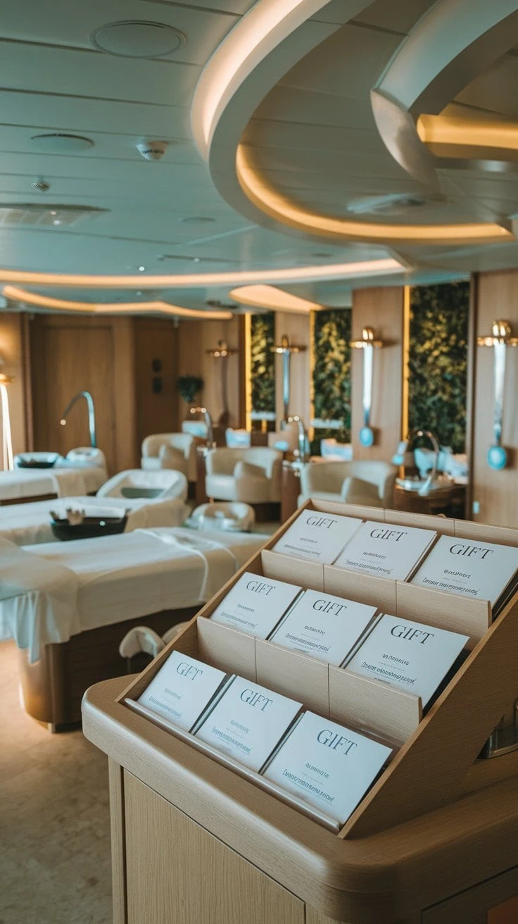 A spa room with multiple treatment beds draped in white linens exudes a serene ambiance. Green leafy decor adorns the walls. In the foreground, a stand presents brochures labeled “GIFT,” offering perfect gift ideas for every occasion through various spa services.