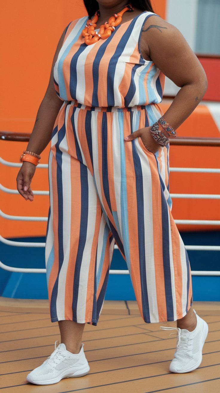 A person flaunts a sleeveless jumpsuit with vertical orange, blue, and white stripes, perfect for a Bahamas cruise. They accessorize with a chunky orange necklace, bracelet, and crisp white sneakers. An orange wall and railing complete this vibrant outfit backdrop.