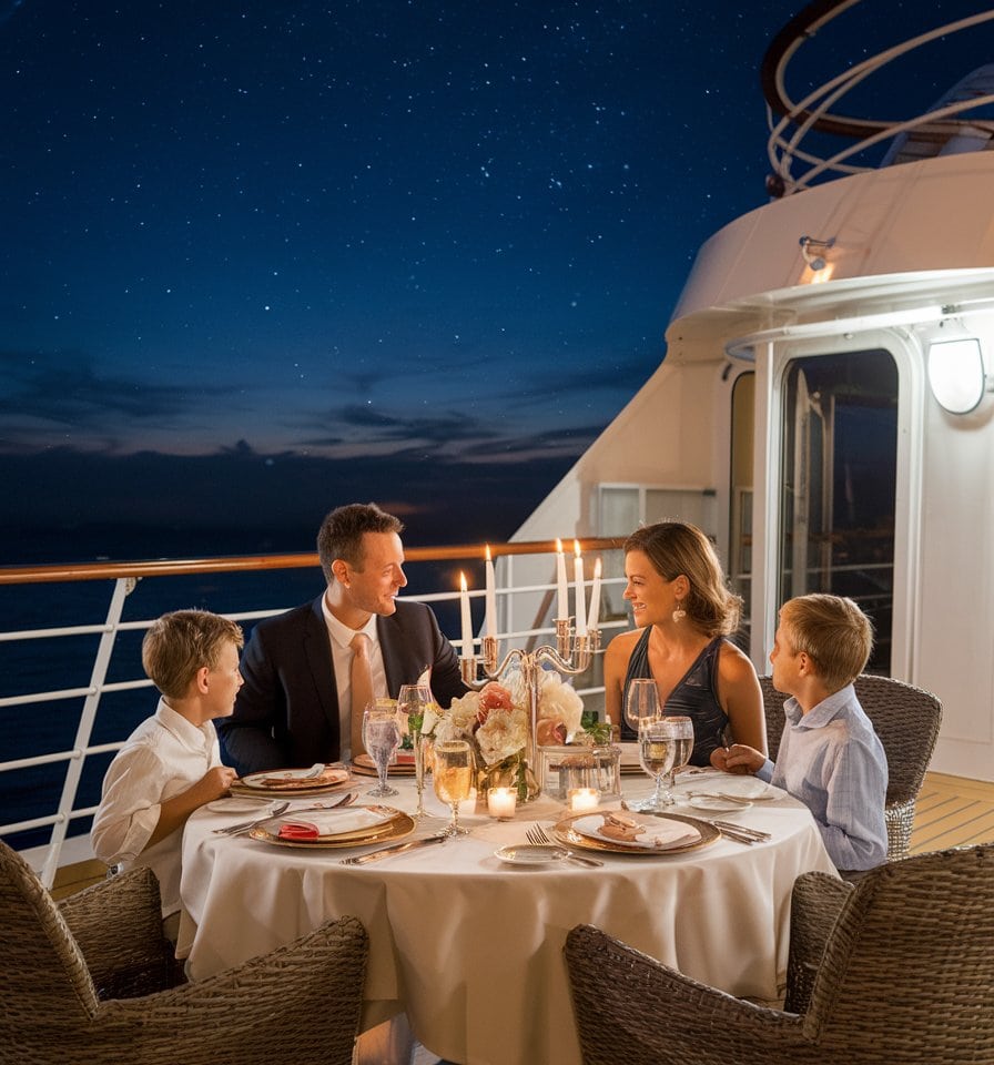 A family of four enjoys a fun-filled dinner on a yacht's deck under a starry sky, set elegantly with flowers and glassware. The adults are in formal attire, while the children sport smart casual clothing—a perfect photo idea capturing cherished moments on their family cruise.