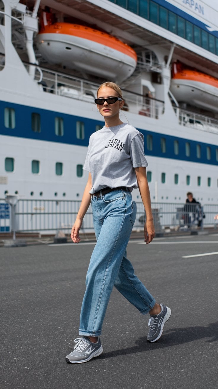 A person in a chic gray "JAPAN" T-shirt, blue jeans, and gray sneakers walks with purpose on the street. Sporting sunglasses, they exude an adventurer's vibe. In the background towers a majestic white and blue ship, hinting at an exciting Japan cruise adventure.