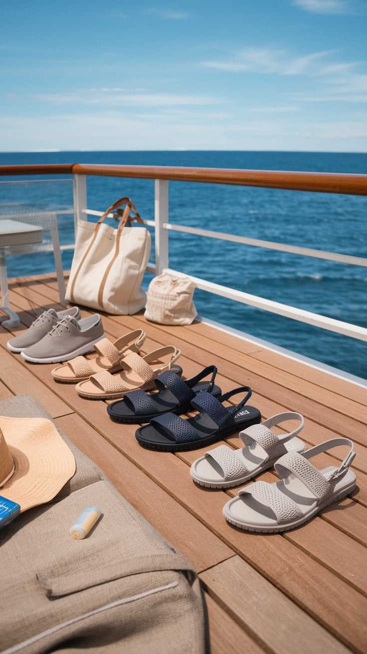 Various sandals in beige, black, and white are lined up on a wooden deck overlooking the ocean—a cruise essential for any woman's getaway. A white tote bag and small pouch sit next to them, while a straw hat, sunscreen, and book are partially visible in the foreground.