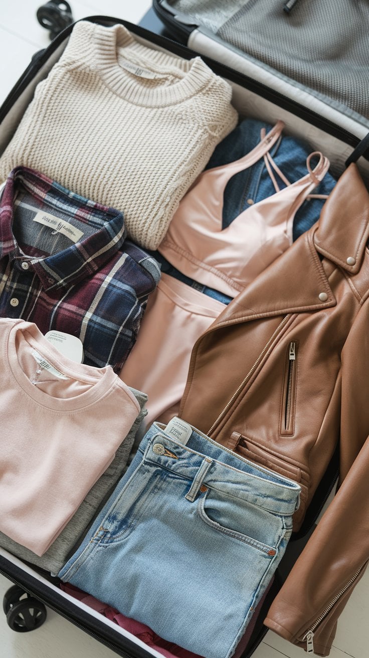 Open suitcase with neatly packed clothes, perfect for a Canada cruise. Items include a cream sweater, plaid shirt, pink loungewear, brown leather jacket, denim jeans, and a pink t-shirt. Different clothing materials and textures are visible—a woman's guide to stylish packing tips.