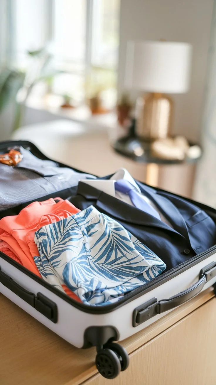 A suitcase lies open on a wooden table, its neatly folded clothes—a black blazer, a blue tie, patterned shorts, and an orange garment—ready for the 2025 cruise adventure ahead. In the background, a lamp and a plant are partially visible.