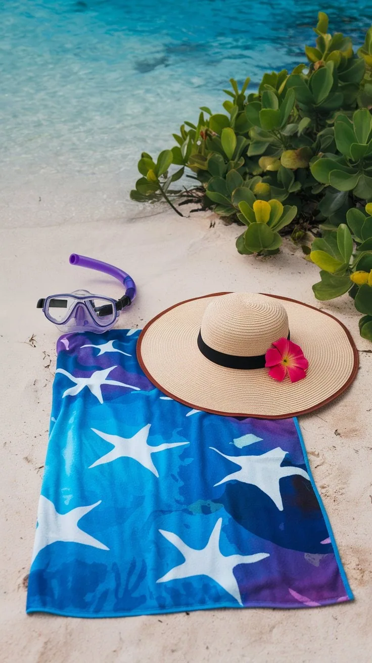 Beach essentials include a straw hat adorned with a pink flower, a purple snorkel mask, and a blue towel featuring white starfish designs. These items are perfectly placed on sandy ground near green foliage, with clear blue waters in the background—ideal for any cruise packing list.