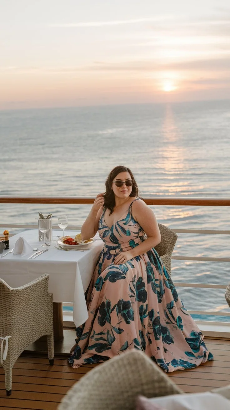 A woman in a floral dress sits at a table on a boat deck, facing the camera. Offering plus-size cruise outfit inspiration, she wears sunglasses and appears to be dining, with the ocean and a sunset in the background. The table is set for a meal on this picturesque Mexican getaway.