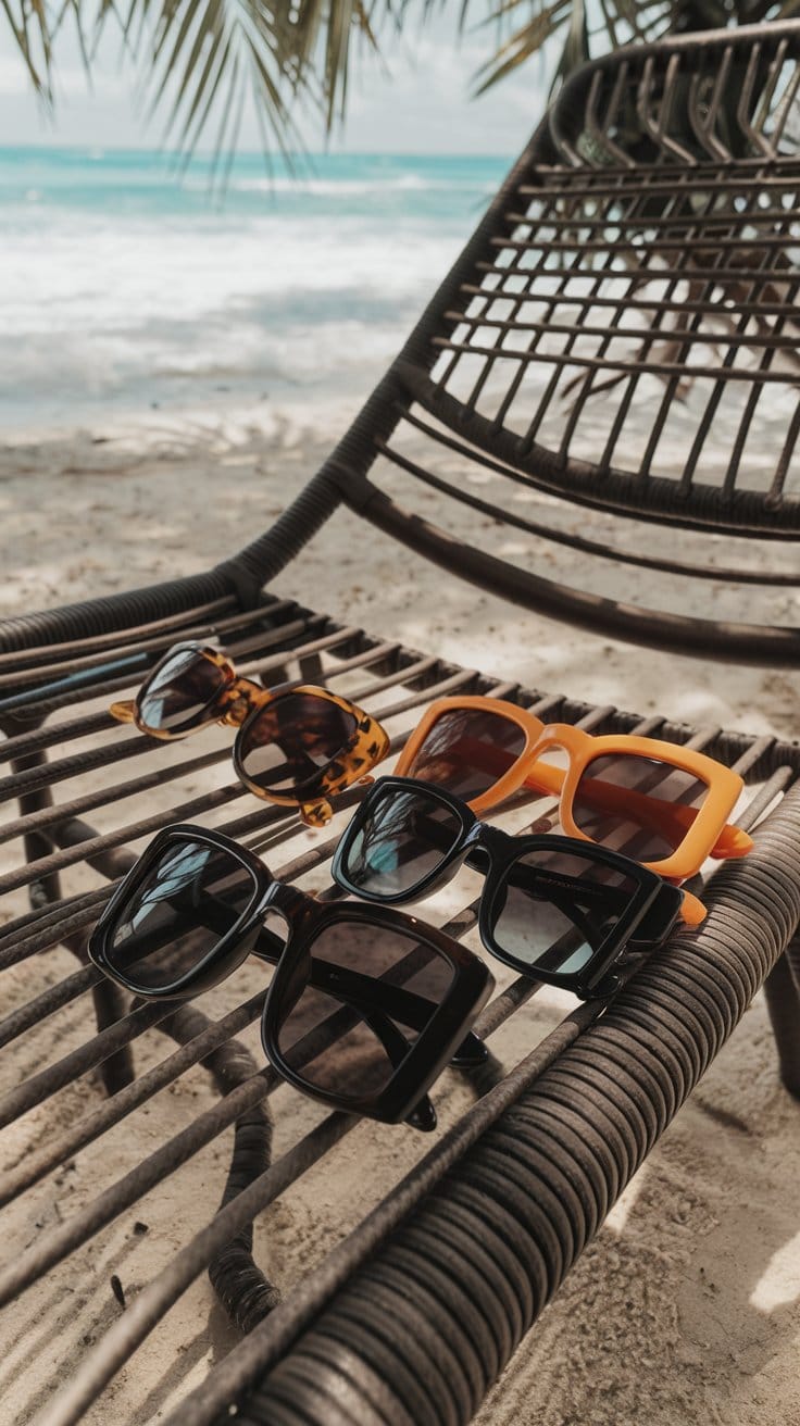Four pairs of sunglasses rest on a woven chair on a sandy beach, capturing the essence of vacation style. The shimmering ocean and swaying palm fronds in the background whisper promises of chic cruise outfits to come.